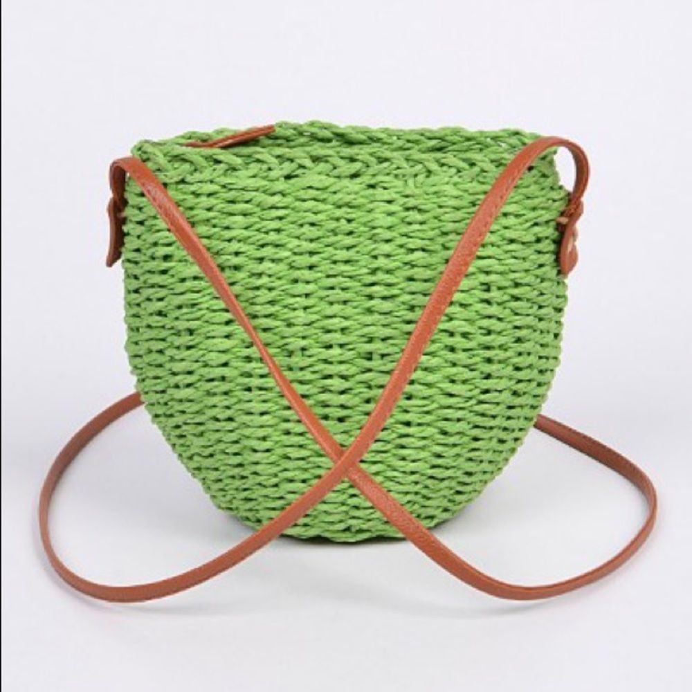 Straw Crossbody Bucket Bag W/ Brown Strap - Bright Green - NWT